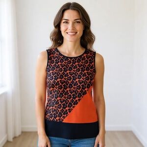 ANN TAYLOR M Red Orange Navy Leopard Asymmetrical Top R $79